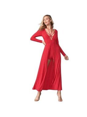 Red Venus Long Sleeve Jumpsuit With Open Front Skirt Overlay Strappy Neckline &
